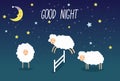 Good night card with the cute sheep jumping over a fence. Sweet dreams background. Vector illustration. Royalty Free Stock Photo