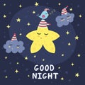 Good night card with a cute star, clouds and a bird