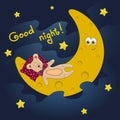 Good night card with moon and cute teddy. Vector illustration