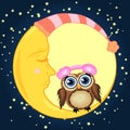 Good night card with sleeping moon and cute owl