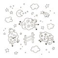 Good night cartoon background for kids. Hand drawn doodle cute sheep jumping over the fence in the night sky