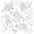 Good night cartoon set for kids. Hand drawn doodle cute lambs with numbers, clouds, stars and moon Royalty Free Stock Photo