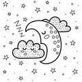 Good night coloring page with a cute sleeping moon and cloud. Black and white fantasy background