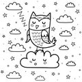 Good night coloring page with a cute sleeping owl and cloud. Black and white fantasy background Royalty Free Stock Photo