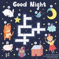 Good Night crossword game for kids. Sweet dreams find word puzzle