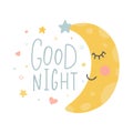 Good night hand drawn poster with moon, heart and stars. Cute characters for baby shower, greeting cards, kid nursery
