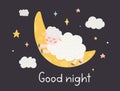 Good night hand drawn poster with moon, sheep, stars and clouds on dark background. Hand written quote. Cute characters