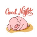 Good night hand drawn lettering with sleeping baby pig cartoon illustration