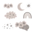Good night isolated elements Cute Baby design. Sweet dreams clipart Sleeping koala, rainbow, cloud, moon, star Royalty Free Stock Photo