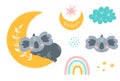 Good night isolated elements. Sweet dreams clipart. Moon, dreaming koala, sweet bear baby collection, rainbow