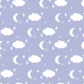 Good night pattern. Stars, Clouds and Moon on blue. Vector illustration for fabric and paper and more Royalty Free Stock Photo