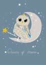 Good night poster for baby room with magic owl. Royalty Free Stock Photo