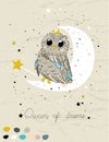 Good night poster for baby room with magic owl. Royalty Free Stock Photo