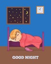 Good Night Poster with Girl Sleeping in Bed Vector Royalty Free Stock Photo