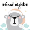 Cute good night card with hand drawn bear. vector print.