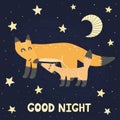 Good Night print with super cute foxes - mother and baby