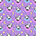 Good Night seamless pattern with cute panda bear, moon, hearts, stars and clouds. Sweet dreams background. Vector Royalty Free Stock Photo