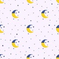 Good Night seamless pattern with cute sleeping moon and stars. Royalty Free Stock Photo