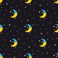 Good Night seamless pattern with cute sleeping moon and stars.