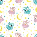 Good Night seamless pattern with cute sleeping owls, moon, stars and clouds. Sweet dreams background. Vector illustration Royalty Free Stock Photo