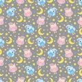 Good Night seamless pattern with cute sleeping owls, moon, stars and clouds. Sweet dreams background. Vector