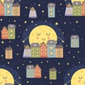 Good night seamless pattern with moon and city landscape Royalty Free Stock Photo