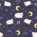 Good night seamless pattern with sheeps jumping over a fence Royalty Free Stock Photo