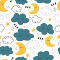 Good Night seamless vector pattern with cute sleeping moon, stars and clouds. Sweet dreams repeating background. Vector Royalty Free Stock Photo