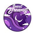 Good Night, Sleep Well, Sweet Dreams Concept. Minimalistic Layered Paper Cut Design Purple Round Logo With Clouds, Moon