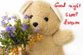 Good night sweet dream message card with teddy bear, purple flowers