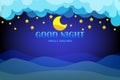 Good night and sweet dreams banner. Clouds on dark sky background with moon and stars Royalty Free Stock Photo