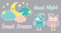 Good night and sweet dreams cute set of stickers with sleeping owls, clouds, moon and stars. Vector illustration. Eps 10 Royalty Free Stock Photo
