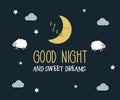 Good Night and sweet dreams cute vector card. Editable illustration with message, cute lambs and moon, clouds and stars.