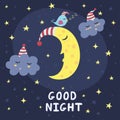 Good night vector card with the cute sleeping moon, clouds and a bird Royalty Free Stock Photo