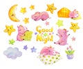 Good night watercolor set. Cute dreaming piggies isolated on white. Hand painted illustration with sleeping cartoon characters, Royalty Free Stock Photo