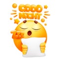 Good night web sticker. Yellow emoji cartoon character with pillow. Emoticon smile face