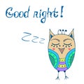 Good night word written in calligraphy style. Handwritten script. Cute sleeping owl.