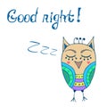 Good night word written in calligraphy style. Handwritten script. Cute sleeping owl. Vector illustration.