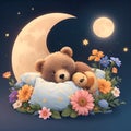 good night world, little sleepy bear in the beautiful flower bed