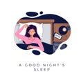 A good night's sleep banner. Young sleepy woman is fast asleep, lying in the bed under soft duvet. Sleep tight, adult
