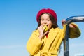 Good nutrition essential good health. Kid girl eat apple fruit. Healthy diet. Snack while walk. Kids health and Royalty Free Stock Photo