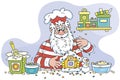 Santa Claus decorating a fancy gingerbread