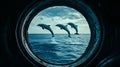 Dolphins jumping through circular window with ocean view Royalty Free Stock Photo