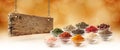 Spice set and wooden board Royalty Free Stock Photo