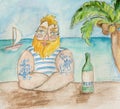 Good sailor in the blue striped vest with beer on sea background. Seamen with beard and blue tattoo in beach bar. Hand