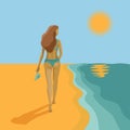 Good shape lady in swim suit walking with on the beach with sandals in hand, woman with long hair on abstract seascape background