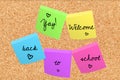 Yay! Welcome back to school written in English on multicolored post-its with hearts on a cork board