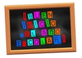 Happy start for new school year written in Spanish in all colors on a school slate