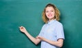 Good teacher is master of simplification. Woman teacher in front of chalkboard. Teacher explain hard topic. Passionate Royalty Free Stock Photo