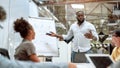 Good team leader. Young afro american businessman pointing at white blackboard and explaining new project to his Royalty Free Stock Photo